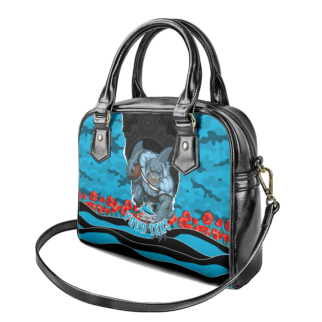 Personalized Sharks ANZAC Tribute Shoulder Handbag Poppy Field Soldier Silhouette Aboriginal Rugby Mascot