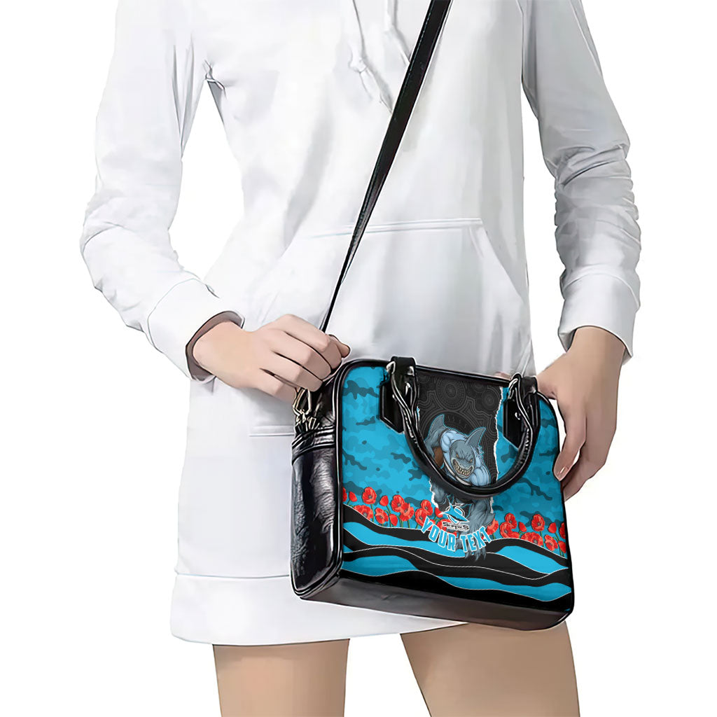 Personalized Sharks ANZAC Tribute Shoulder Handbag Poppy Field Soldier Silhouette Aboriginal Rugby Mascot