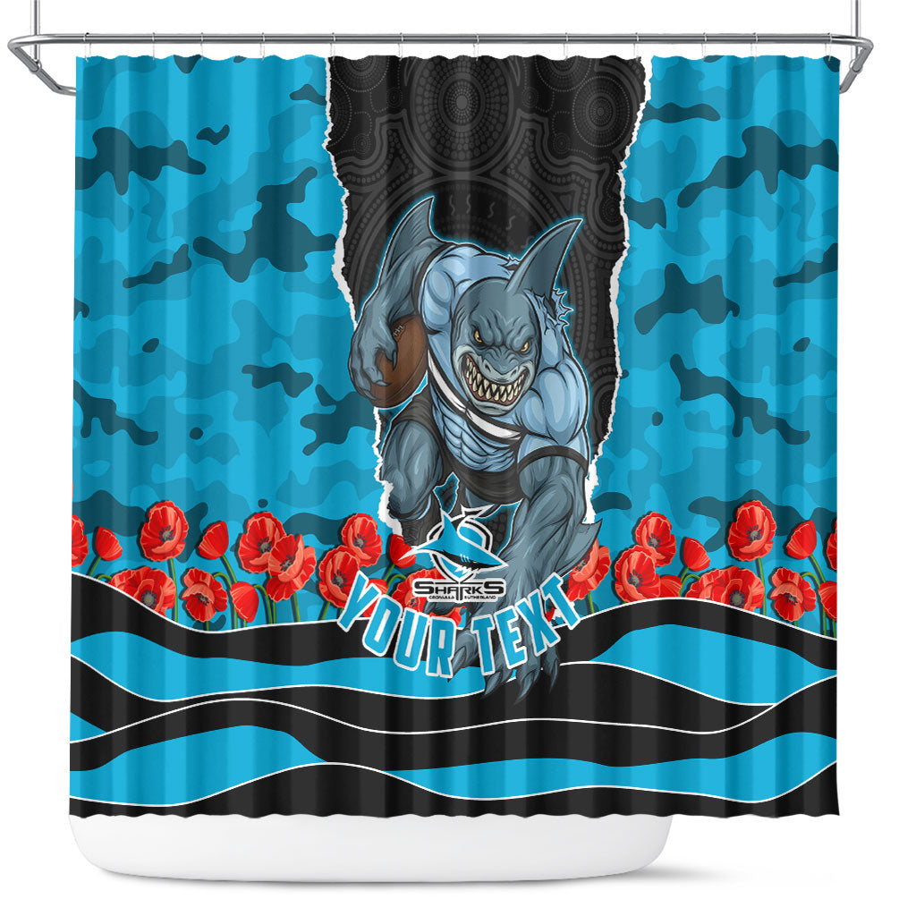 Personalized Sharks ANZAC Tribute Shower Curtain Poppy Field Soldier Silhouette Aboriginal Rugby Mascot