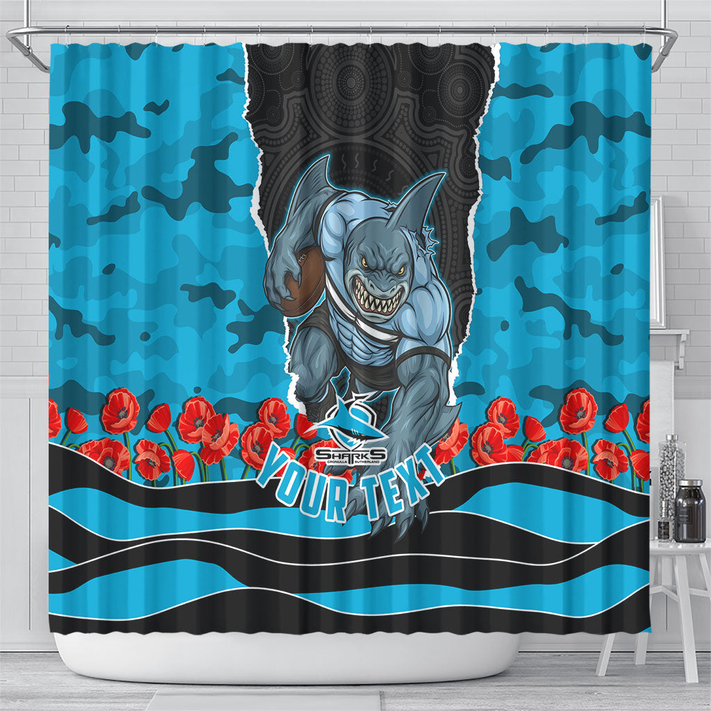 Personalized Sharks ANZAC Tribute Shower Curtain Poppy Field Soldier Silhouette Aboriginal Rugby Mascot