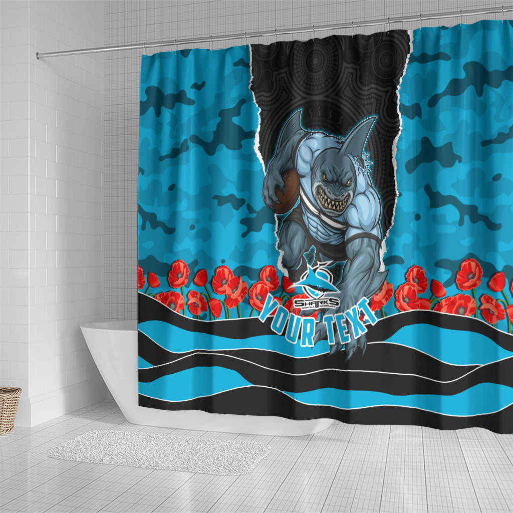 Personalized Sharks ANZAC Tribute Shower Curtain Poppy Field Soldier Silhouette Aboriginal Rugby Mascot