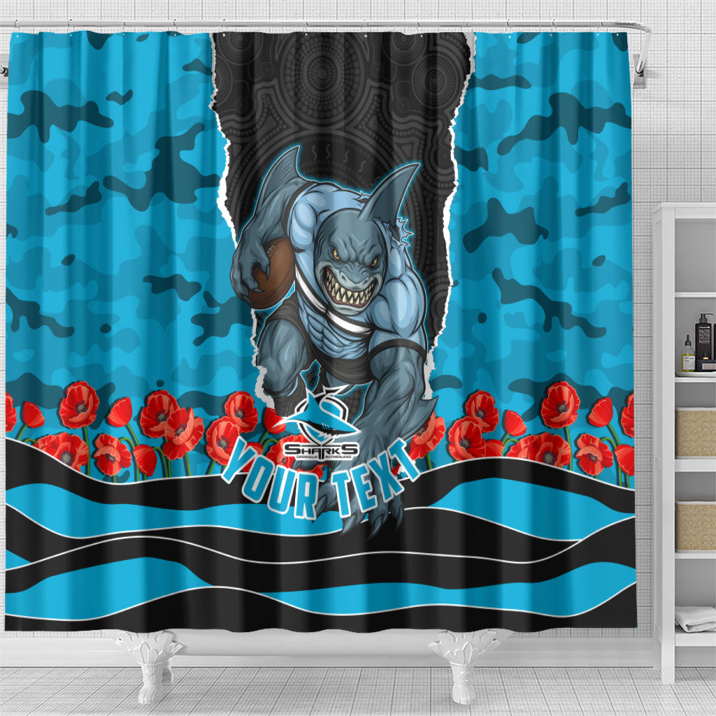 Personalized Sharks ANZAC Tribute Shower Curtain Poppy Field Soldier Silhouette Aboriginal Rugby Mascot