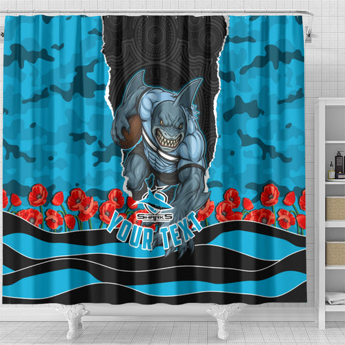 Personalized Sharks ANZAC Tribute Shower Curtain Poppy Field Soldier Silhouette Aboriginal Rugby Mascot
