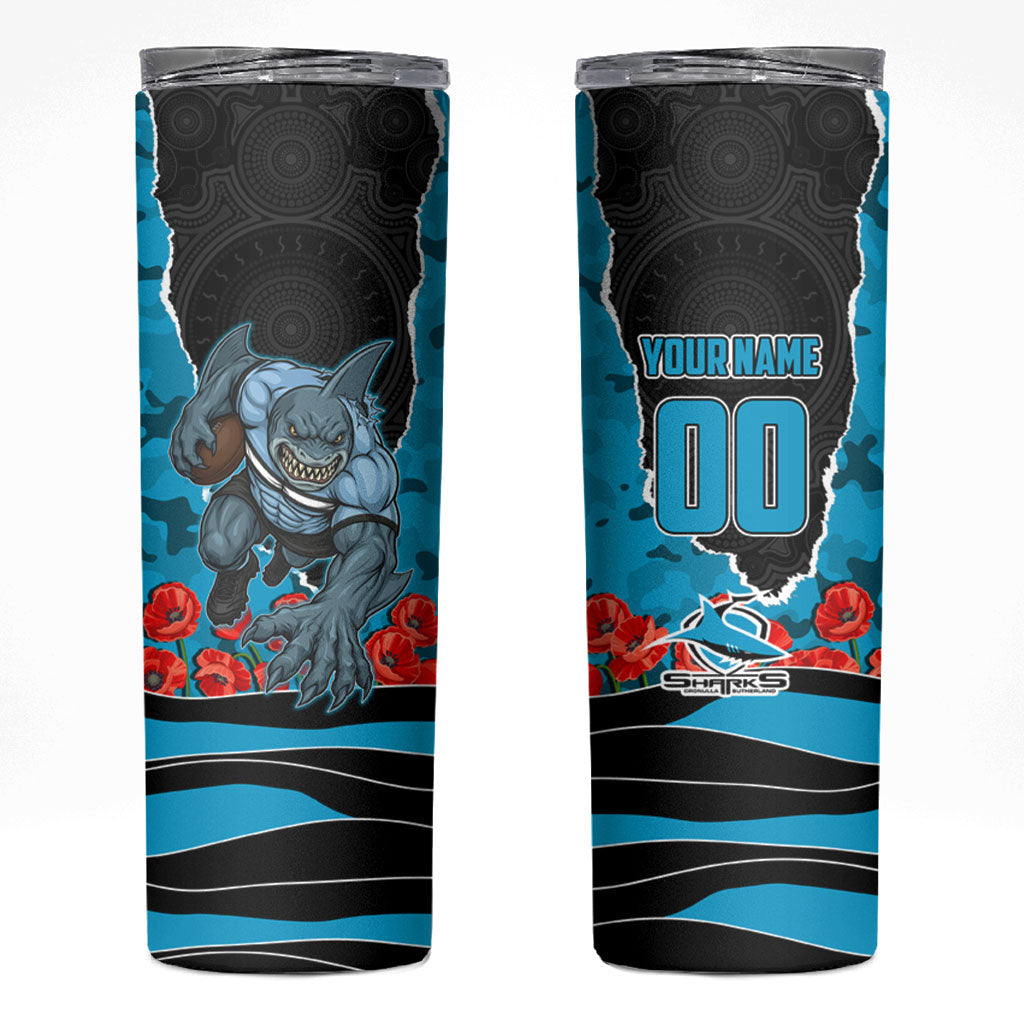 Personalized Sharks ANZAC Tribute Skinny Tumbler Poppy Field Soldier Silhouette Aboriginal Rugby Mascot