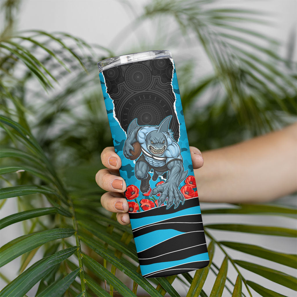 Personalized Sharks ANZAC Tribute Skinny Tumbler Poppy Field Soldier Silhouette Aboriginal Rugby Mascot