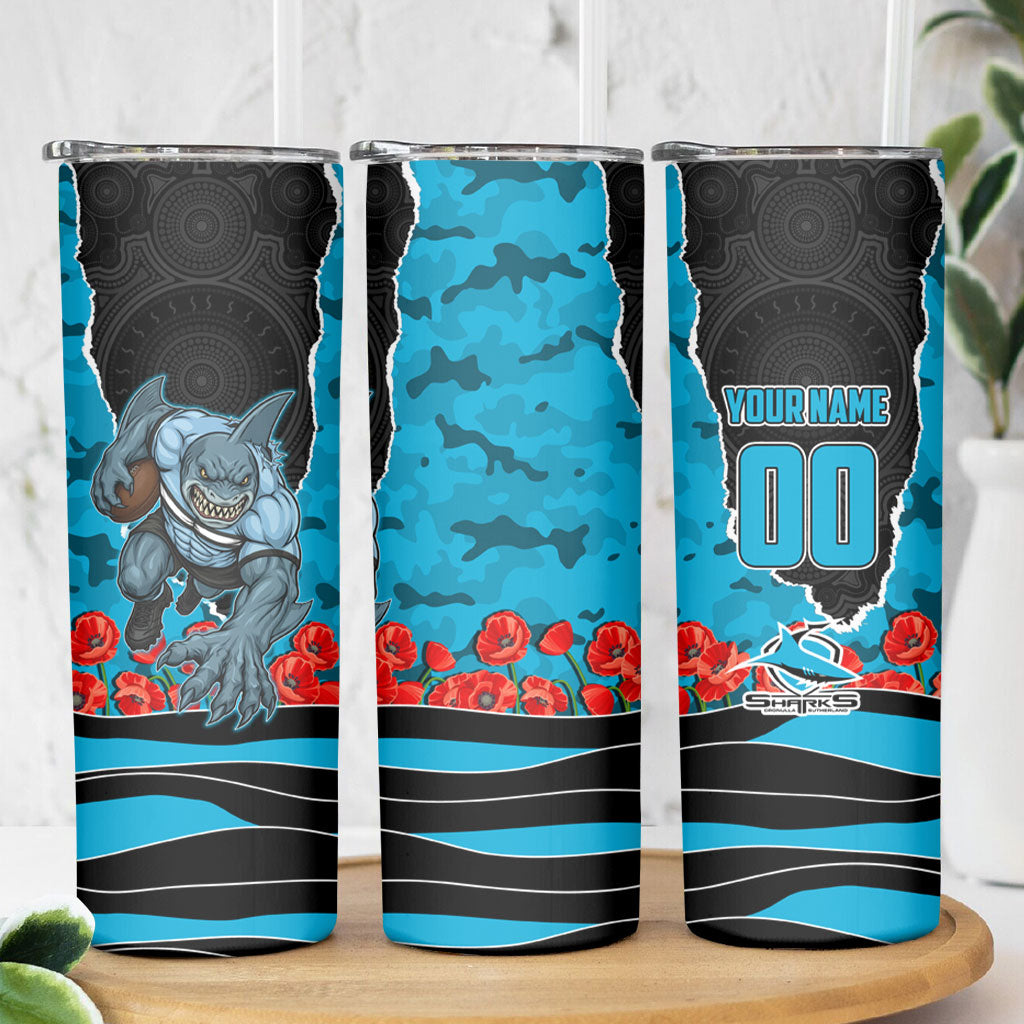 Personalized Sharks ANZAC Tribute Skinny Tumbler Poppy Field Soldier Silhouette Aboriginal Rugby Mascot