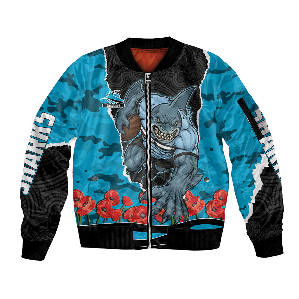 Personalized Sharks ANZAC Tribute Sleeve Zip Bomber Jacket Poppy Field Soldier Silhouette Aboriginal Rugby Mascot