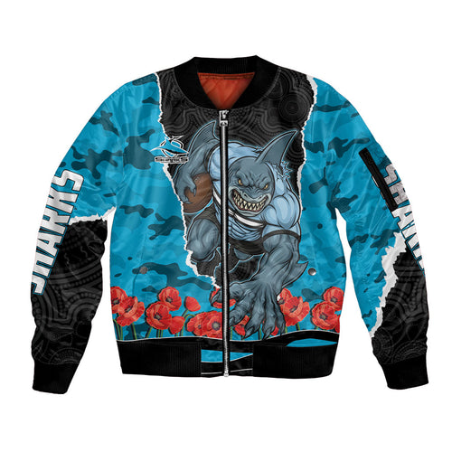 Personalized Sharks ANZAC Tribute Sleeve Zip Bomber Jacket Poppy Field Soldier Silhouette Aboriginal Rugby Mascot