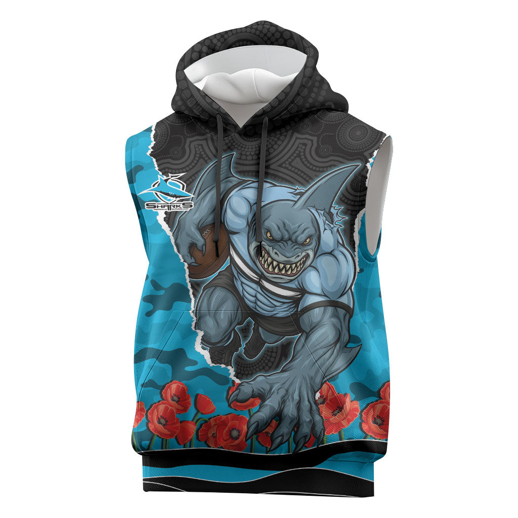 Personalized Sharks ANZAC Tribute Sleeveless Hoodie Poppy Field Soldier Silhouette Aboriginal Rugby Mascot