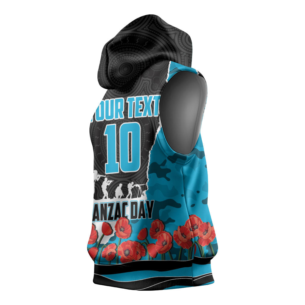 Personalized Sharks ANZAC Tribute Sleeveless Hoodie Poppy Field Soldier Silhouette Aboriginal Rugby Mascot