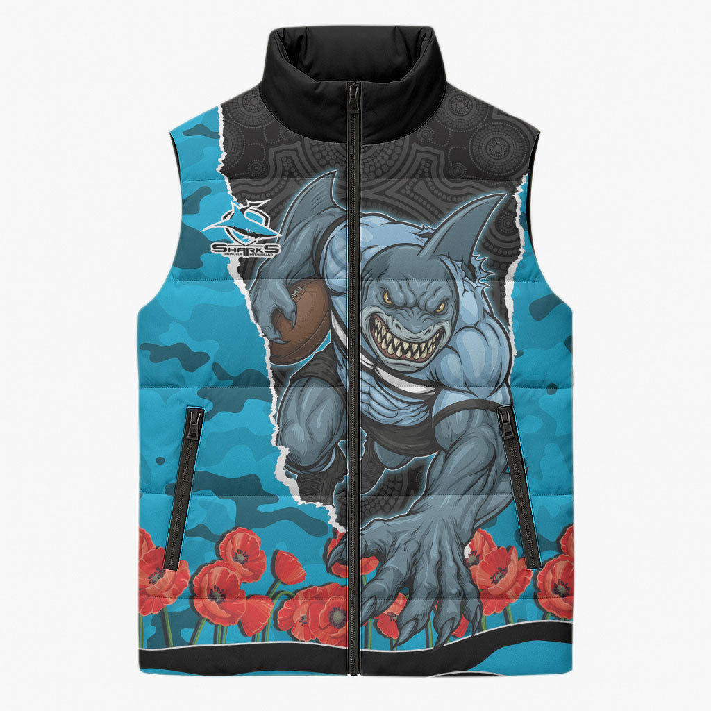 Personalized Sharks ANZAC Tribute Sleeveless Puffer Jacket Poppy Field Soldier Silhouette Aboriginal Rugby Mascot
