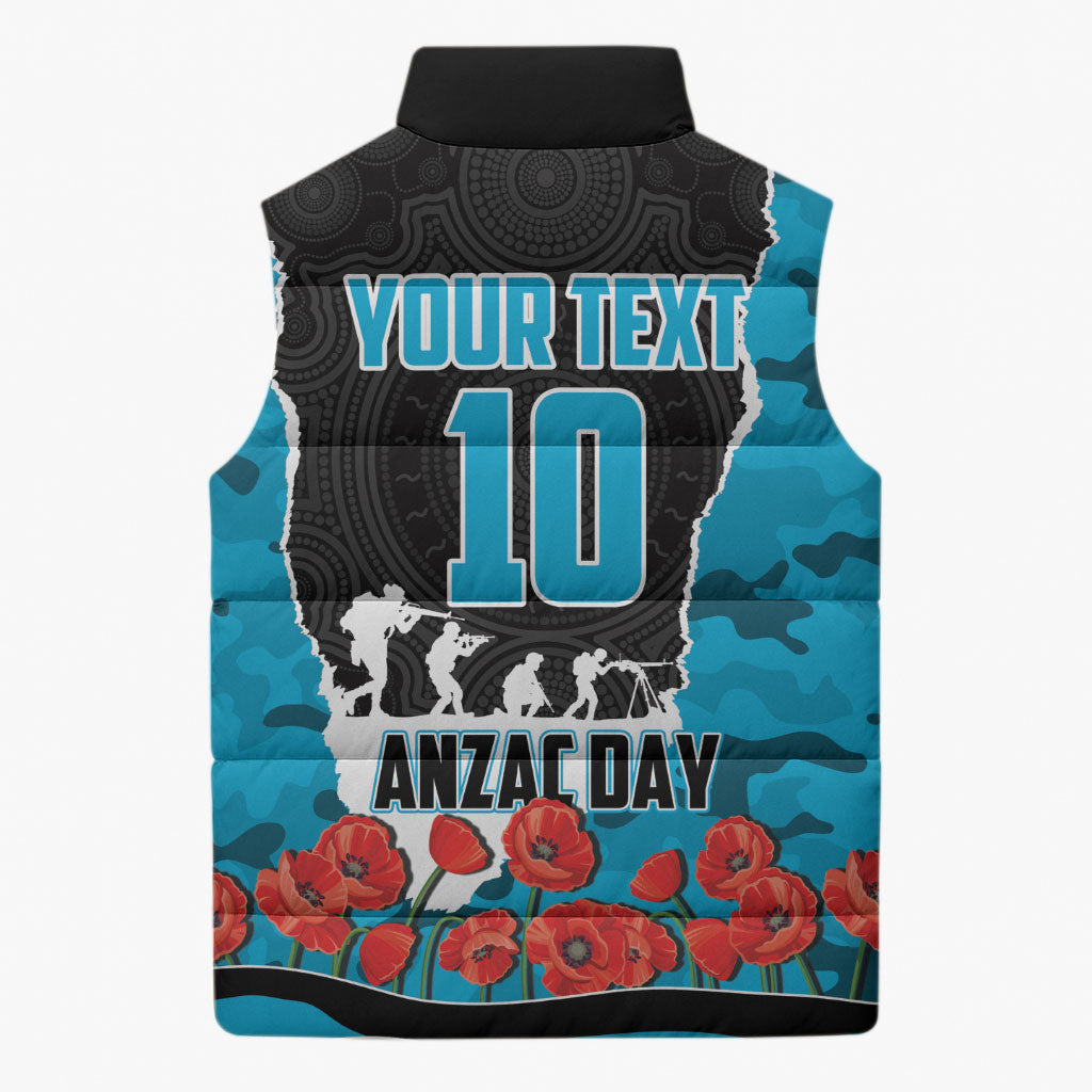 Personalized Sharks ANZAC Tribute Sleeveless Puffer Jacket Poppy Field Soldier Silhouette Aboriginal Rugby Mascot