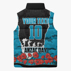Personalized Sharks ANZAC Tribute Sleeveless Puffer Jacket Poppy Field Soldier Silhouette Aboriginal Rugby Mascot