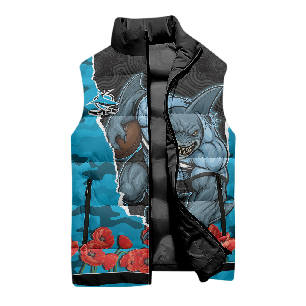 Personalized Sharks ANZAC Tribute Sleeveless Puffer Jacket Poppy Field Soldier Silhouette Aboriginal Rugby Mascot