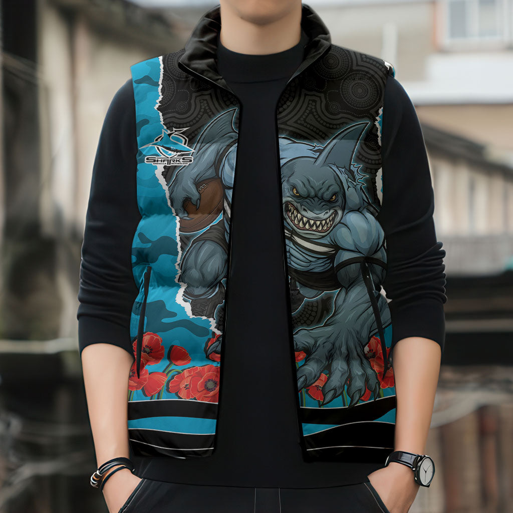 Personalized Sharks ANZAC Tribute Sleeveless Puffer Jacket Poppy Field Soldier Silhouette Aboriginal Rugby Mascot