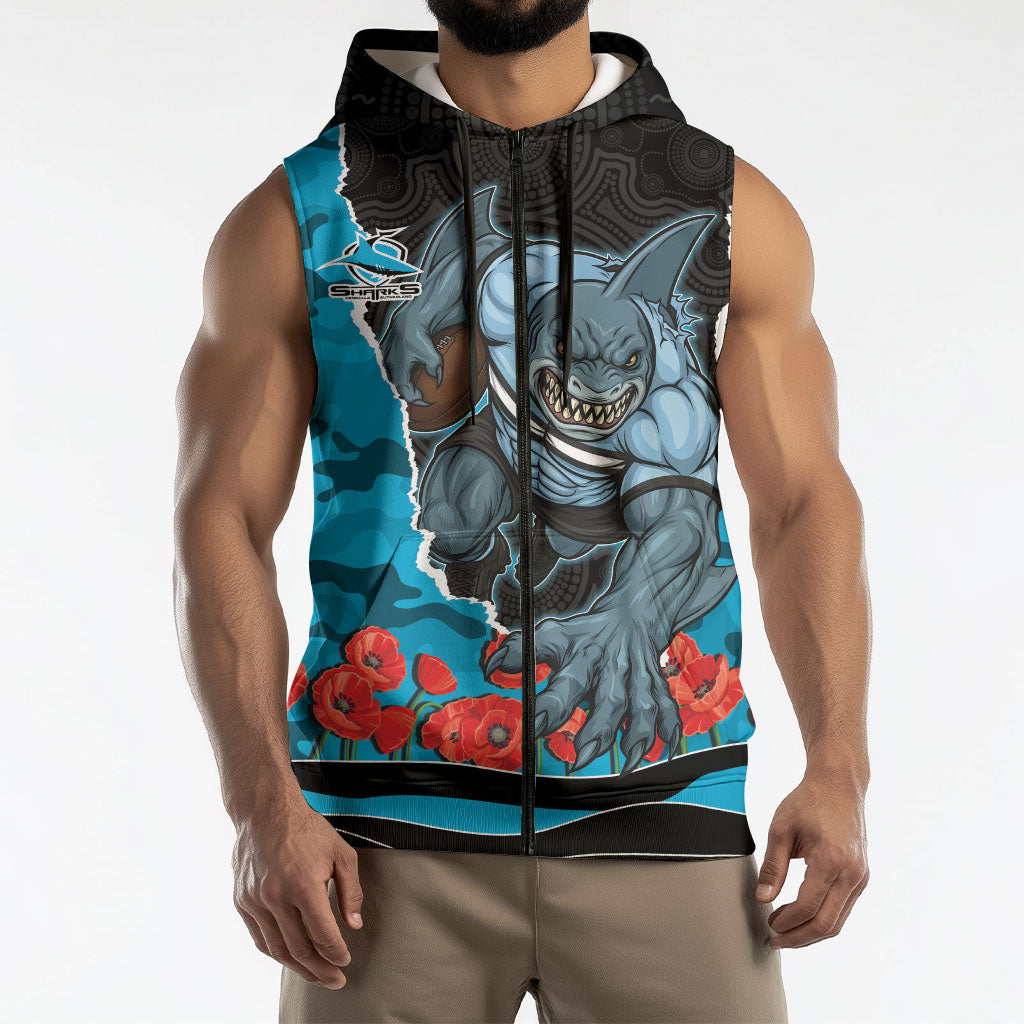 Personalized Sharks ANZAC Tribute Sleeveless Zip Hoodie Poppy Field Soldier Silhouette Aboriginal Rugby Mascot