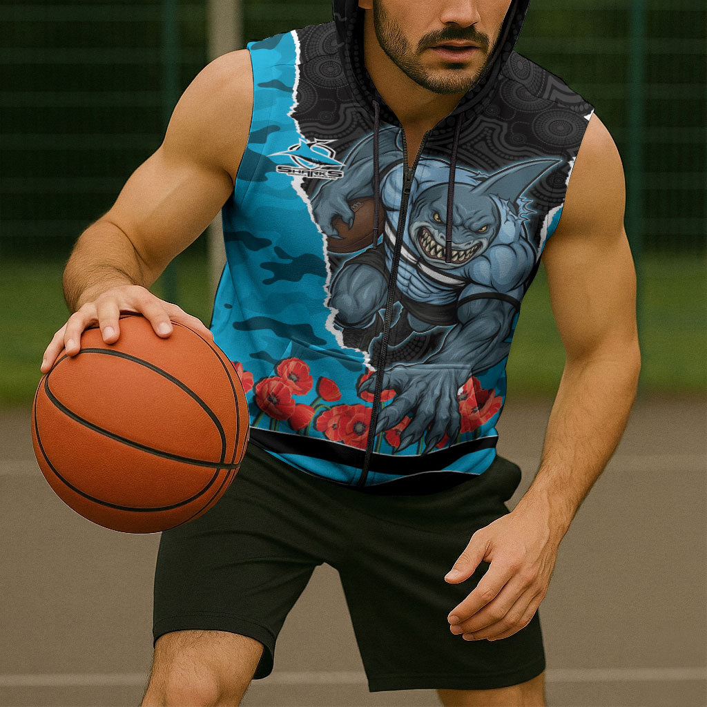 Personalized Sharks ANZAC Tribute Sleeveless Zip Hoodie Poppy Field Soldier Silhouette Aboriginal Rugby Mascot