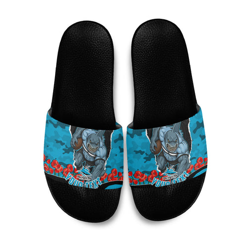 Personalized Sharks ANZAC Tribute Slide Sandals Poppy Field Soldier Silhouette Aboriginal Rugby Mascot