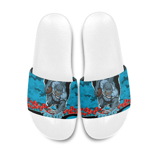 Personalized Sharks ANZAC Tribute Slide Sandals Poppy Field Soldier Silhouette Aboriginal Rugby Mascot