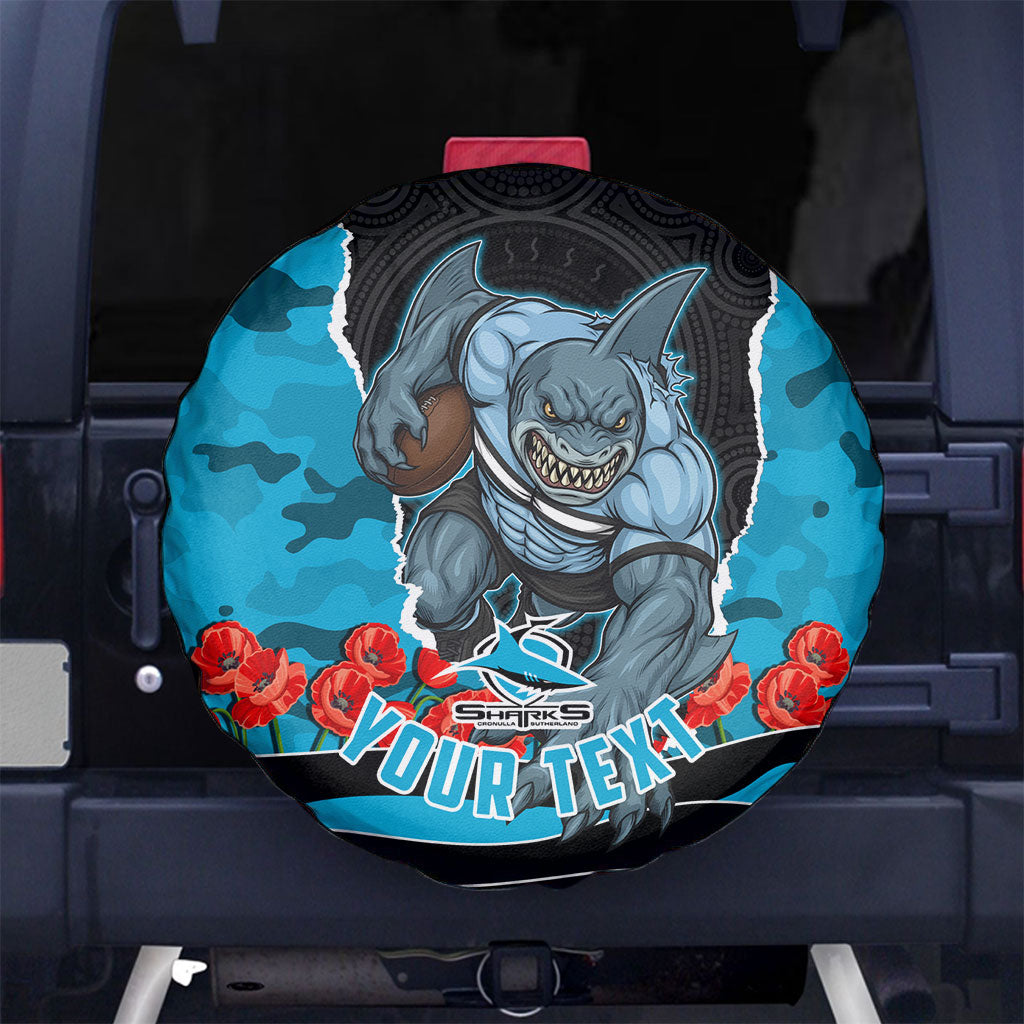 Personalized Sharks ANZAC Tribute Spare Tire Cover Poppy Field Soldier Silhouette Aboriginal Rugby Mascot
