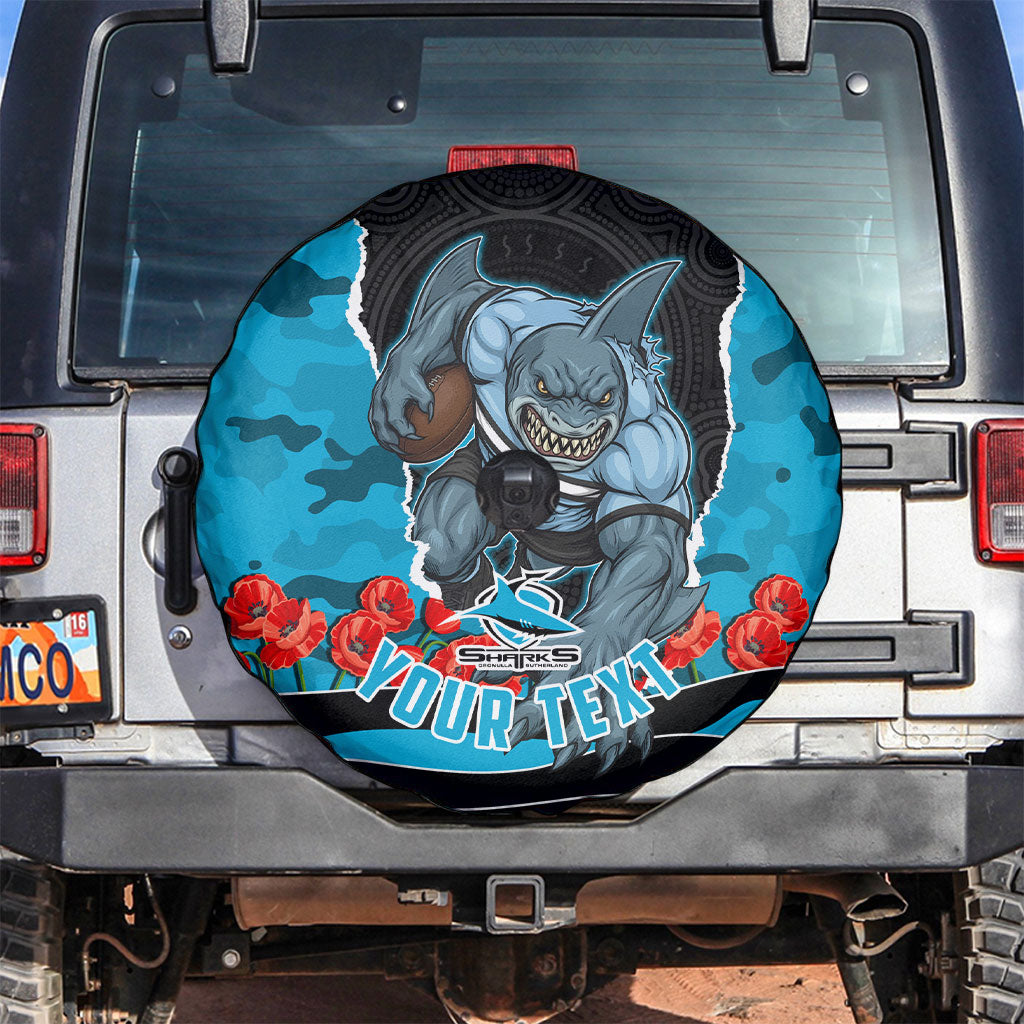 Personalized Sharks ANZAC Tribute Spare Tire Cover Poppy Field Soldier Silhouette Aboriginal Rugby Mascot