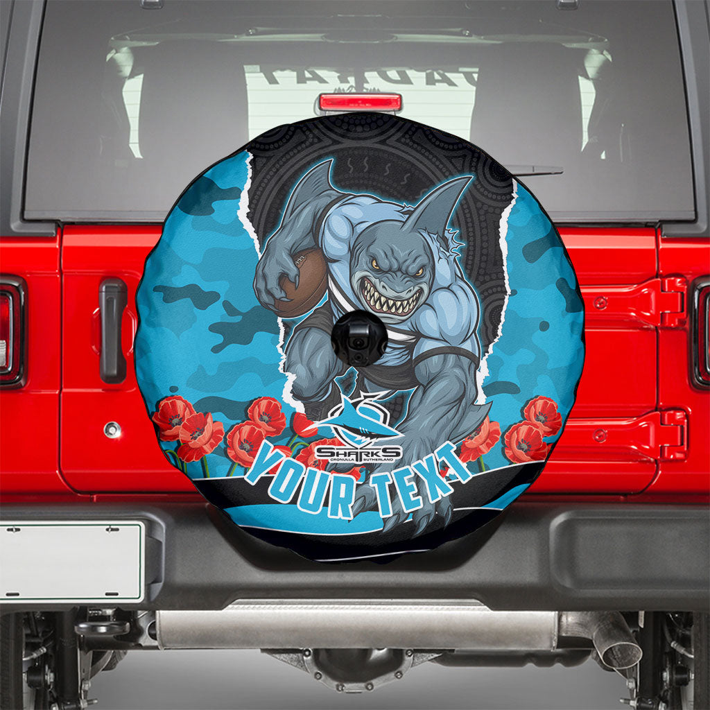 Personalized Sharks ANZAC Tribute Spare Tire Cover Poppy Field Soldier Silhouette Aboriginal Rugby Mascot