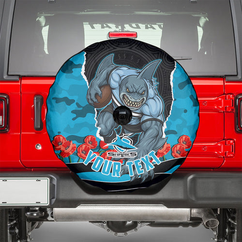 Personalized Sharks ANZAC Tribute Spare Tire Cover Poppy Field Soldier Silhouette Aboriginal Rugby Mascot