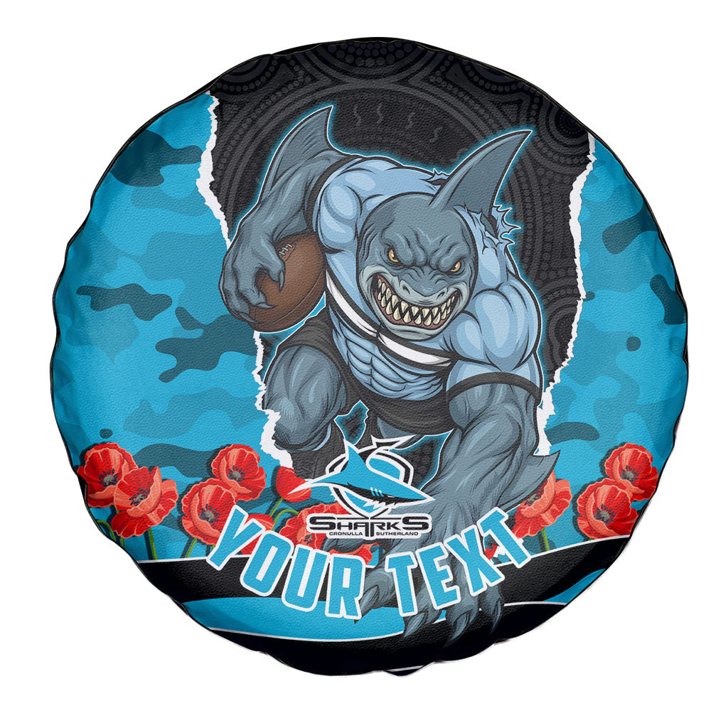 Personalized Sharks ANZAC Tribute Spare Tire Cover Poppy Field Soldier Silhouette Aboriginal Rugby Mascot