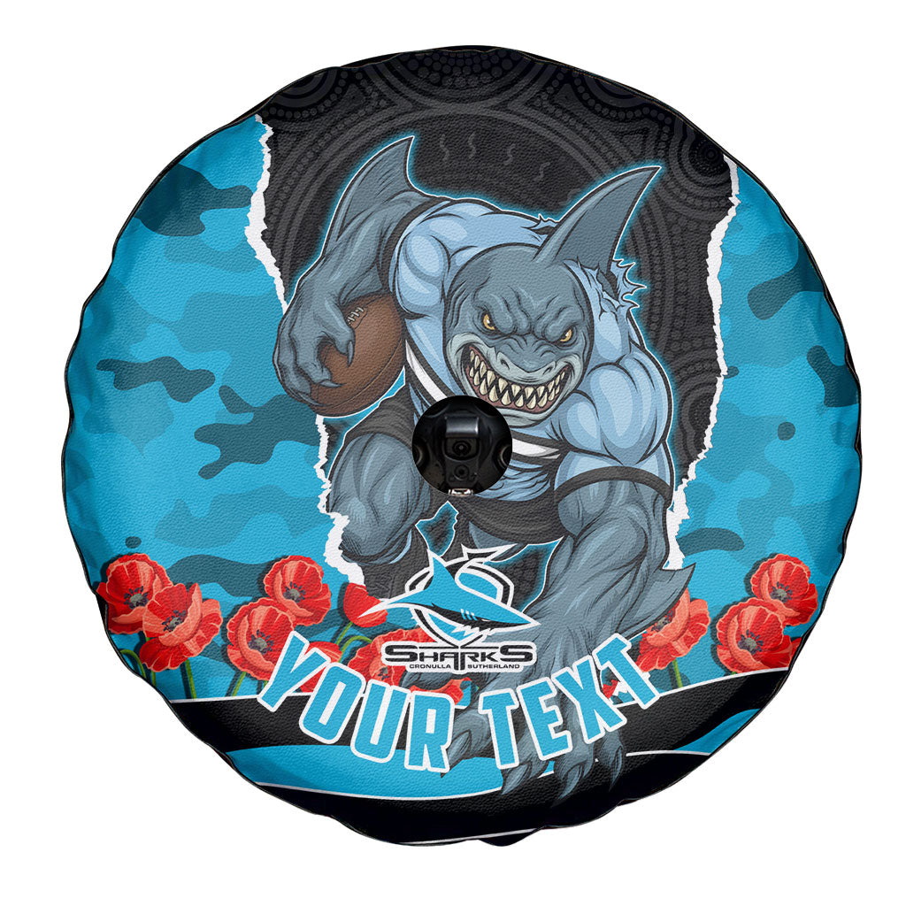 Personalized Sharks ANZAC Tribute Spare Tire Cover Poppy Field Soldier Silhouette Aboriginal Rugby Mascot