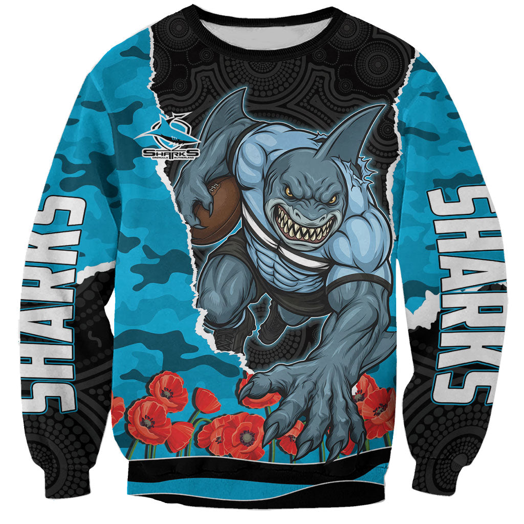 Personalized Sharks ANZAC Tribute Sweatshirt Poppy Field Soldier Silhouette Aboriginal Rugby Mascot