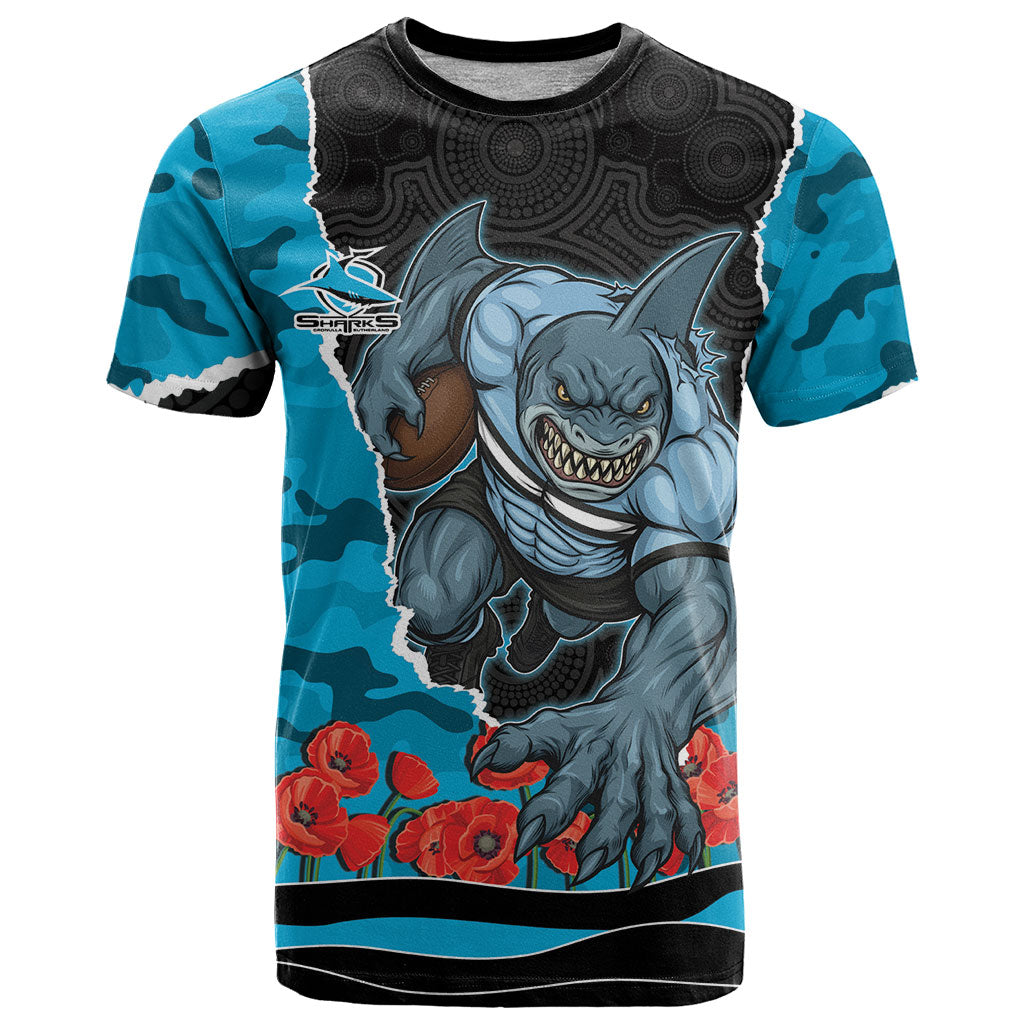 Personalized Sharks ANZAC Tribute T Shirt Poppy Field Soldier Silhouette Aboriginal Rugby Mascot