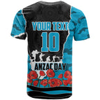 Personalized Sharks ANZAC Tribute T Shirt Poppy Field Soldier Silhouette Aboriginal Rugby Mascot