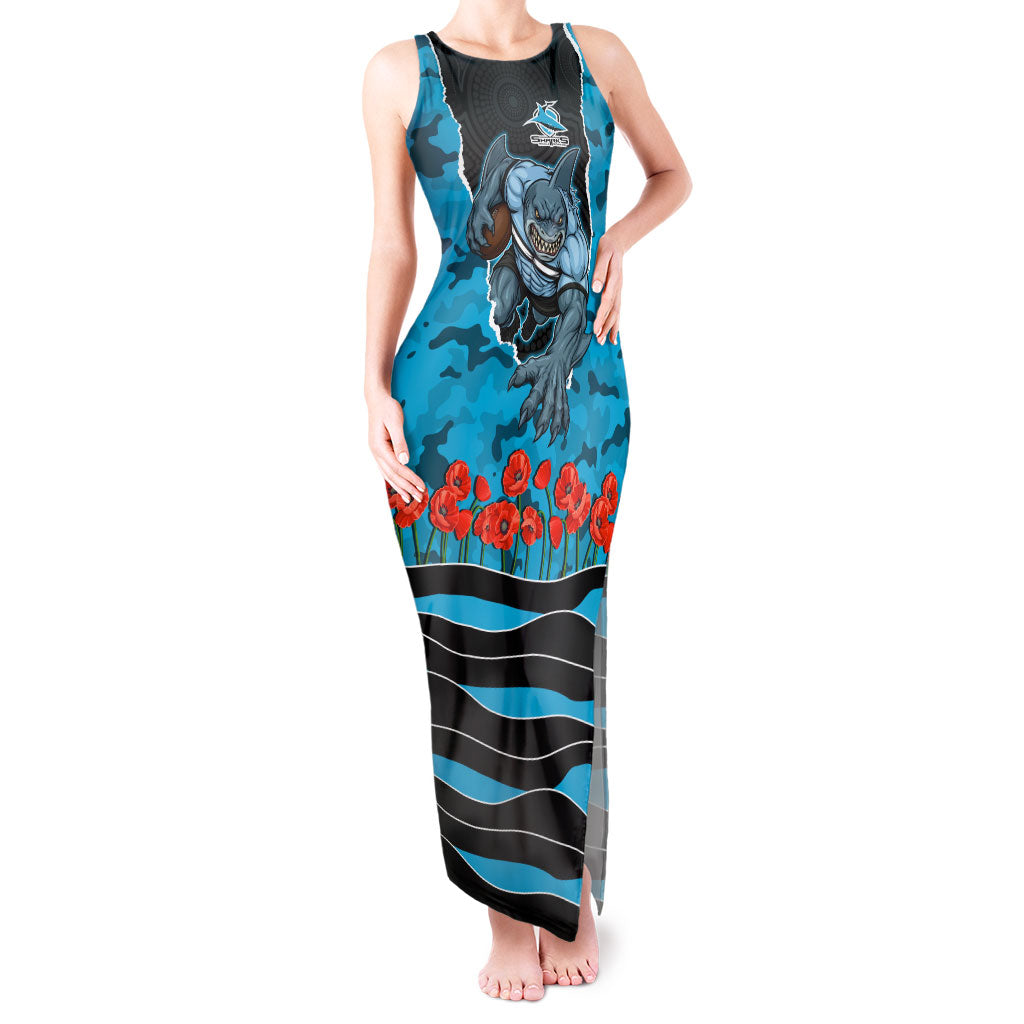 Personalized Sharks ANZAC Tribute Tank Maxi Dress Poppy Field Soldier Silhouette Aboriginal Rugby Mascot