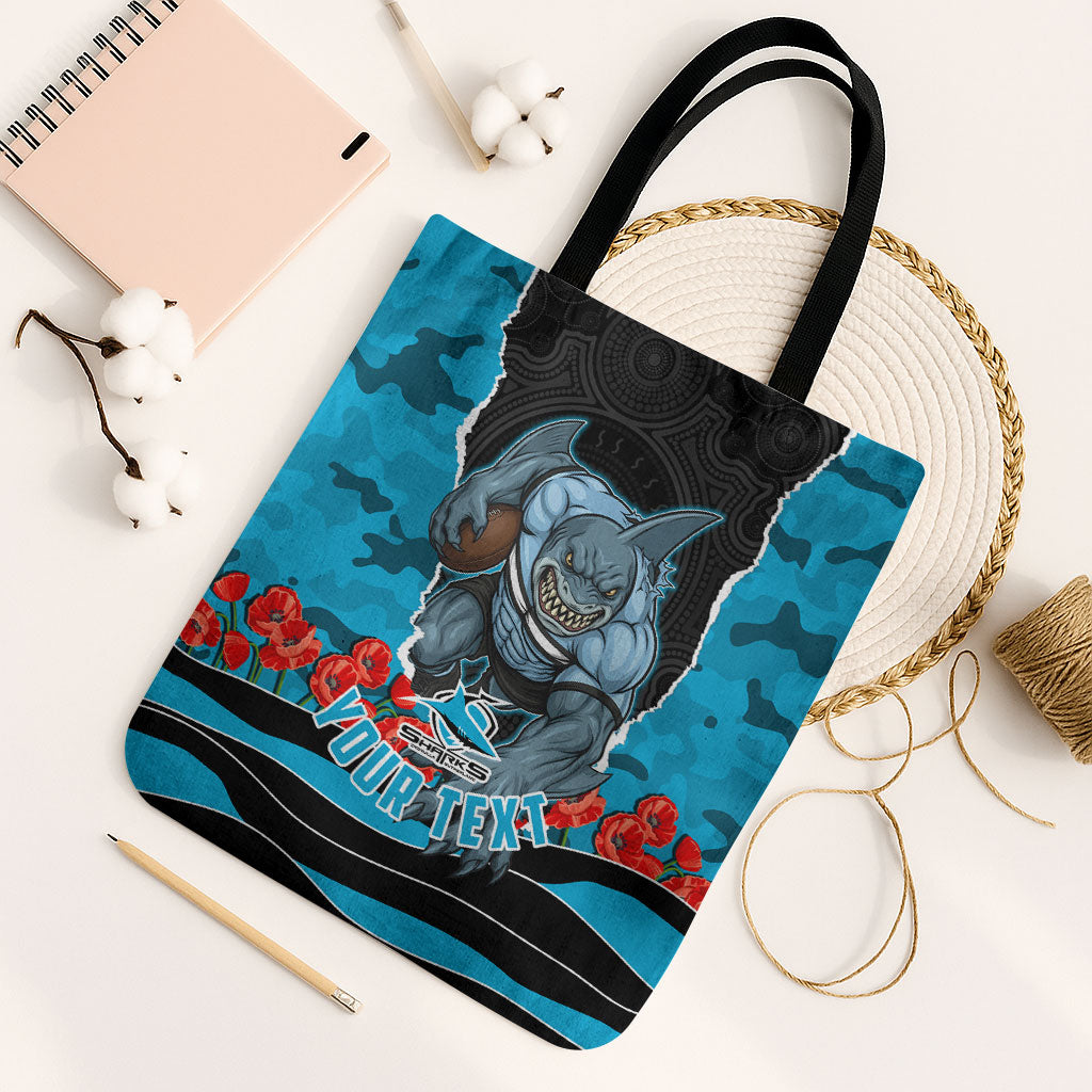Personalized Sharks ANZAC Tribute Tote Bag Poppy Field Soldier Silhouette Aboriginal Rugby Mascot