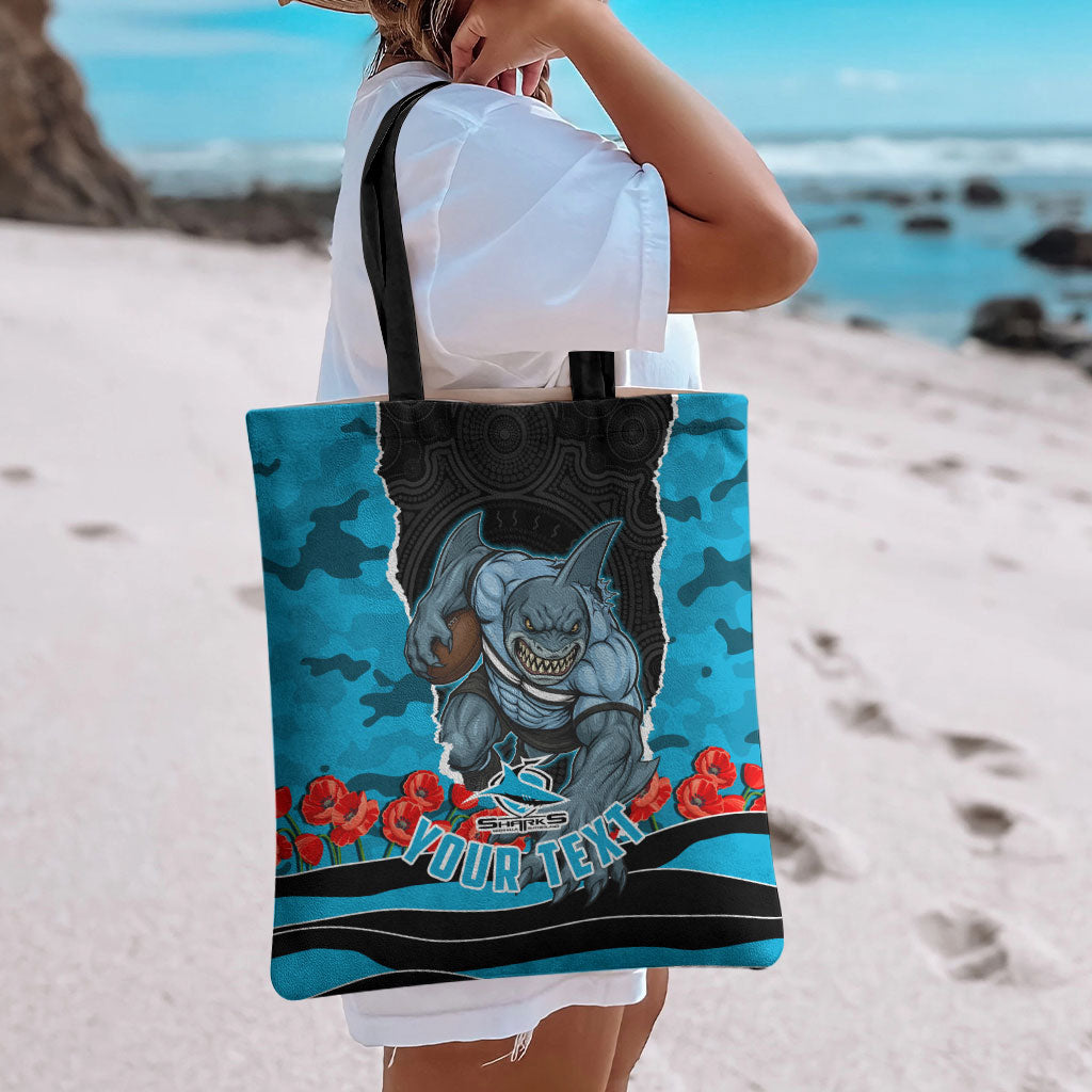 Personalized Sharks ANZAC Tribute Tote Bag Poppy Field Soldier Silhouette Aboriginal Rugby Mascot