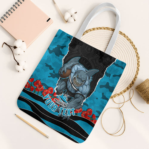 Personalized Sharks ANZAC Tribute Tote Bag Poppy Field Soldier Silhouette Aboriginal Rugby Mascot