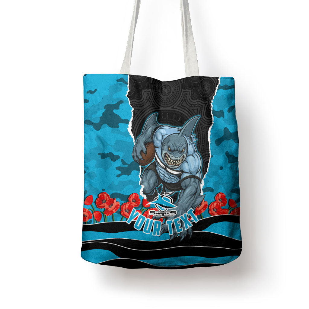 Personalized Sharks ANZAC Tribute Tote Bag Poppy Field Soldier Silhouette Aboriginal Rugby Mascot