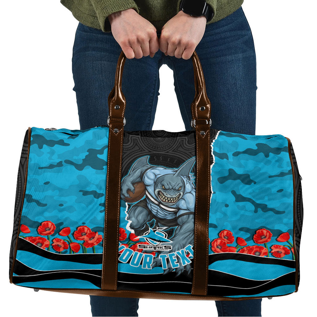 Personalized Sharks ANZAC Tribute Travel Bag Poppy Field Soldier Silhouette Aboriginal Rugby Mascot