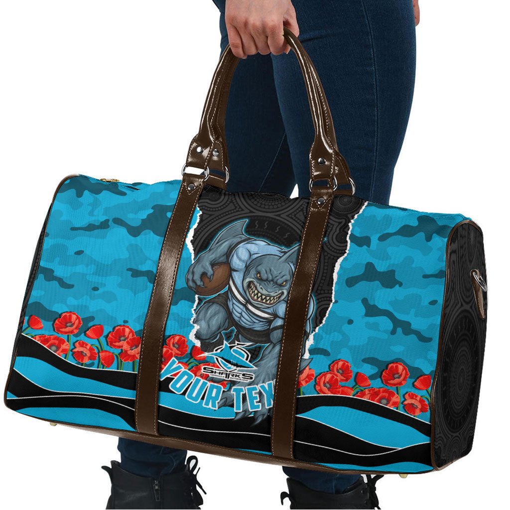 Personalized Sharks ANZAC Tribute Travel Bag Poppy Field Soldier Silhouette Aboriginal Rugby Mascot