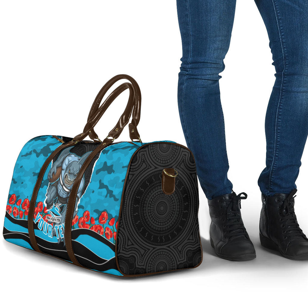 Personalized Sharks ANZAC Tribute Travel Bag Poppy Field Soldier Silhouette Aboriginal Rugby Mascot