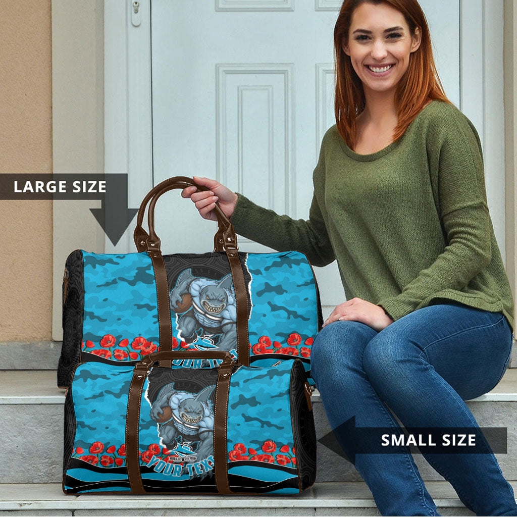 Personalized Sharks ANZAC Tribute Travel Bag Poppy Field Soldier Silhouette Aboriginal Rugby Mascot