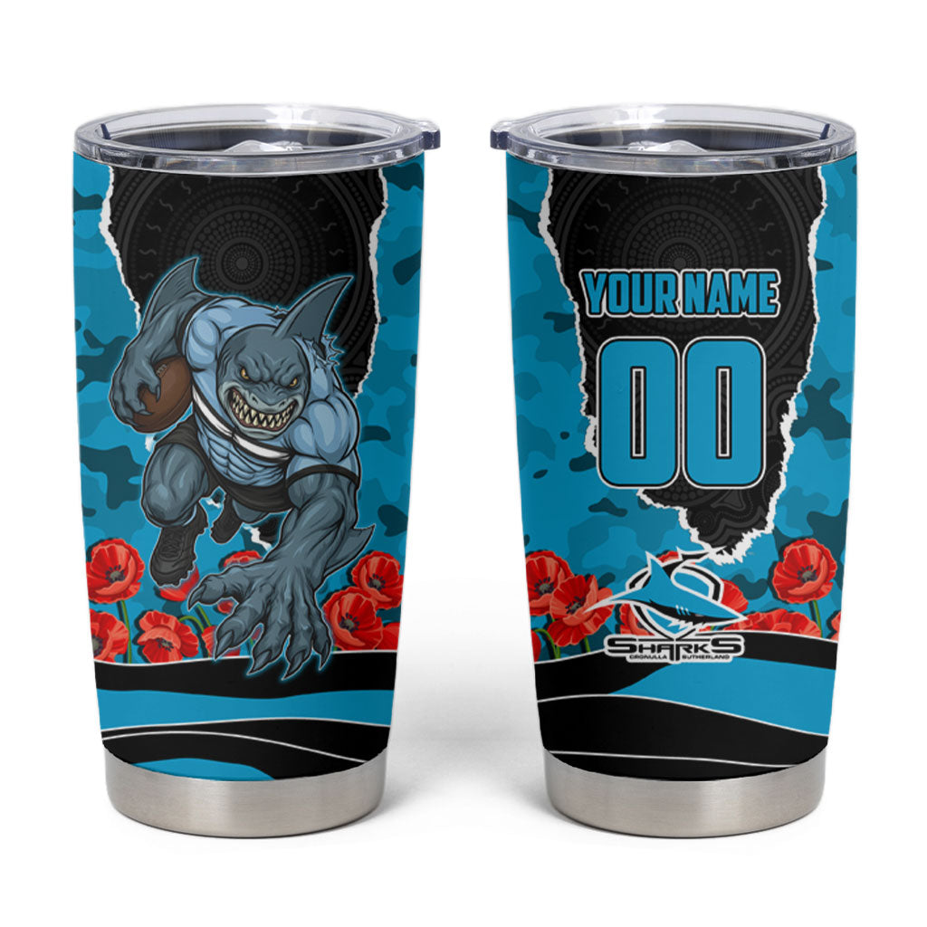 Personalized Sharks ANZAC Tribute Tumbler Cup Poppy Field Soldier Silhouette Aboriginal Rugby Mascot