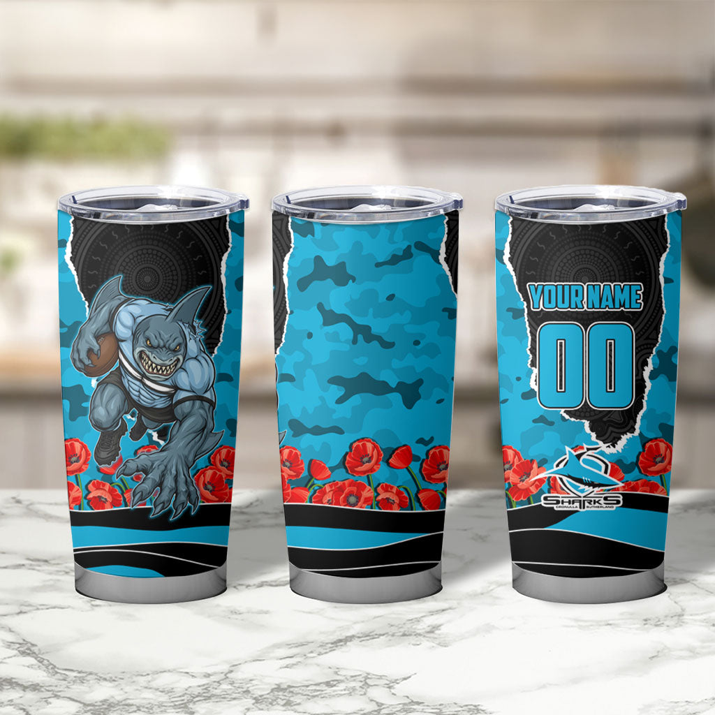 Personalized Sharks ANZAC Tribute Tumbler Cup Poppy Field Soldier Silhouette Aboriginal Rugby Mascot