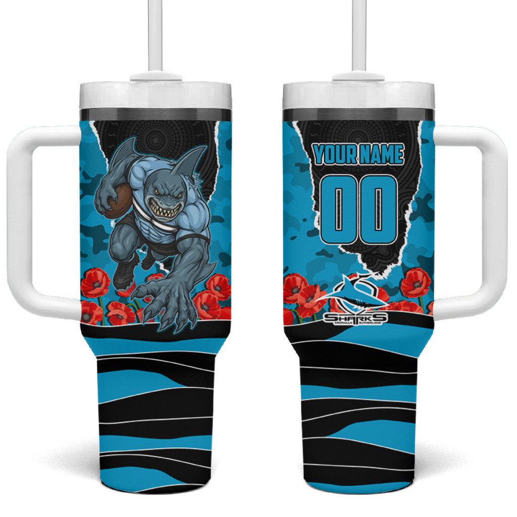 Personalized Sharks ANZAC Tribute Tumbler With Handle Poppy Field Soldier Silhouette Aboriginal Rugby Mascot