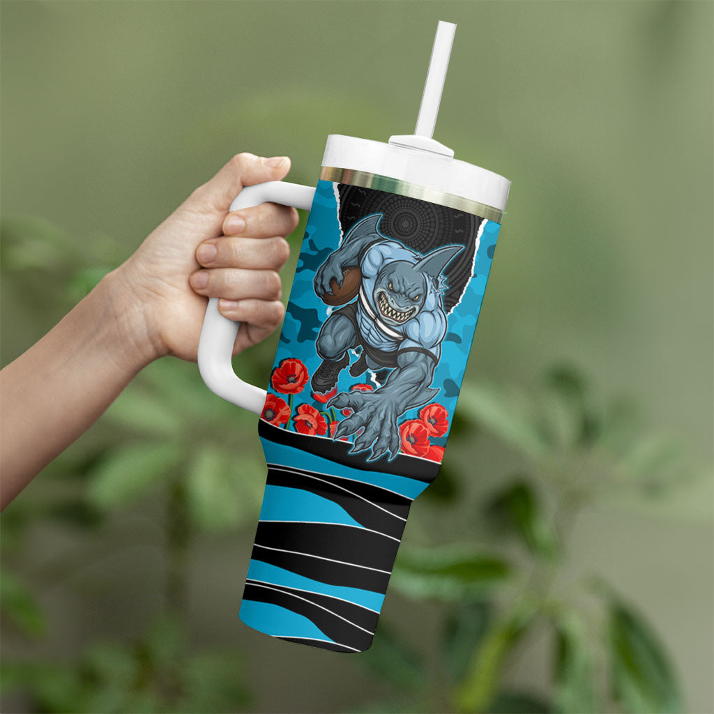 Personalized Sharks ANZAC Tribute Tumbler With Handle Poppy Field Soldier Silhouette Aboriginal Rugby Mascot