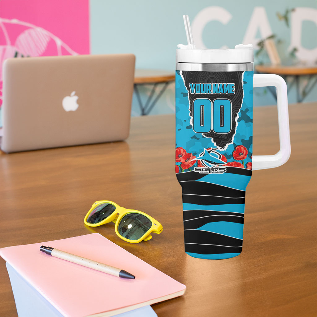 Personalized Sharks ANZAC Tribute Tumbler With Handle Poppy Field Soldier Silhouette Aboriginal Rugby Mascot
