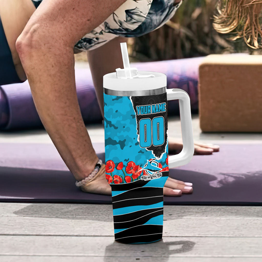 Personalized Sharks ANZAC Tribute Tumbler With Handle Poppy Field Soldier Silhouette Aboriginal Rugby Mascot
