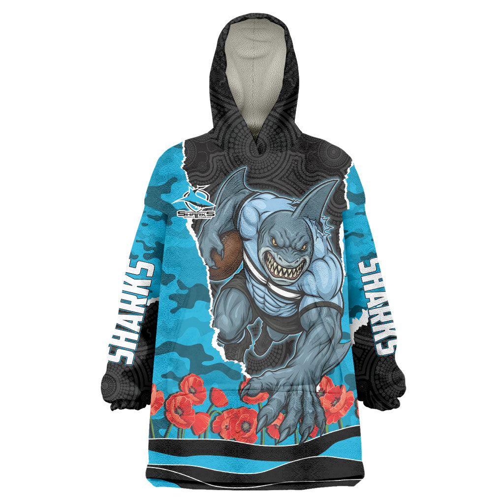 Personalized Sharks ANZAC Tribute Wearable Blanket Hoodie Poppy Field Soldier Silhouette Aboriginal Rugby Mascot