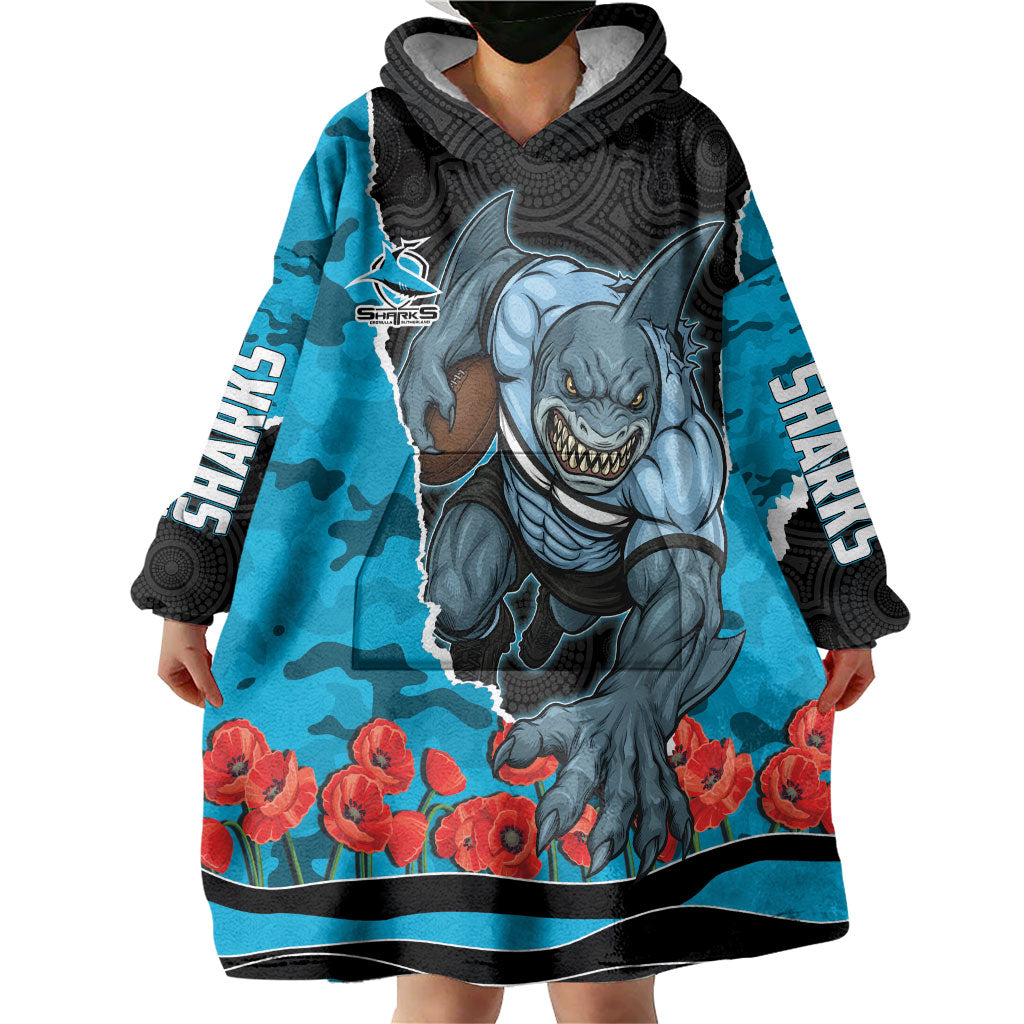 Personalized Sharks ANZAC Tribute Wearable Blanket Hoodie Poppy Field Soldier Silhouette Aboriginal Rugby Mascot
