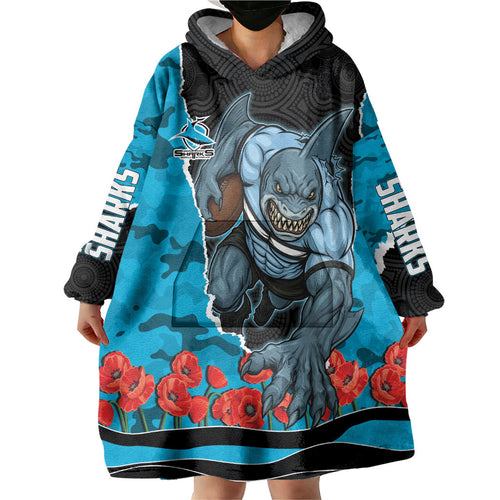 Personalized Sharks ANZAC Tribute Wearable Blanket Hoodie Poppy Field Soldier Silhouette Aboriginal Rugby Mascot